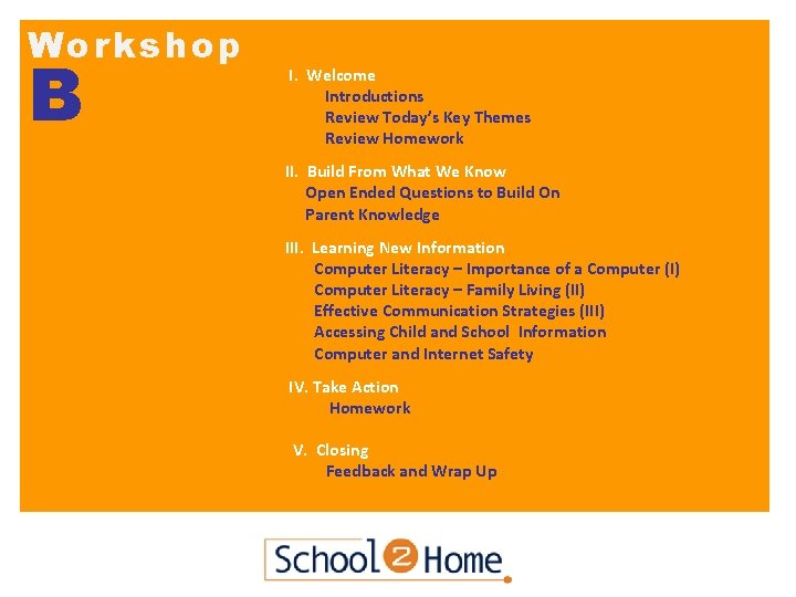 Workshop B I. Welcome Introductions Review Today’s Key Themes Review Homework II. Build From