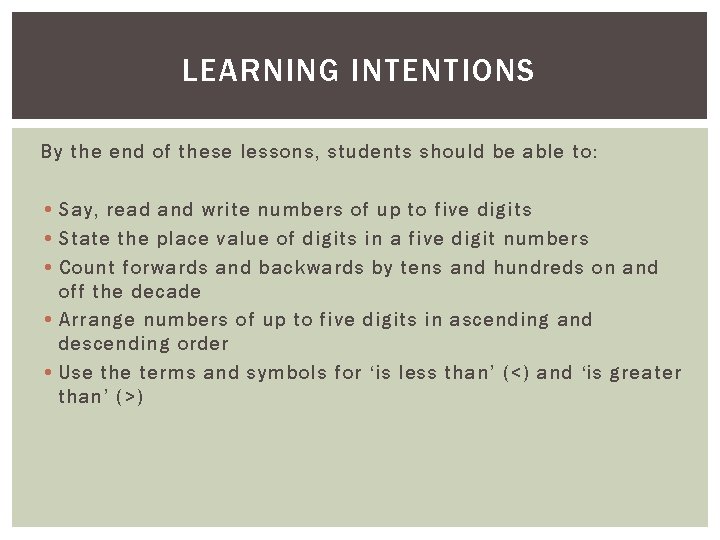 LEARNING INTENTIONS By the end of these lessons, students should be able to: • LEARNING INTENTIONS By the end of these lessons, students should be able to: •