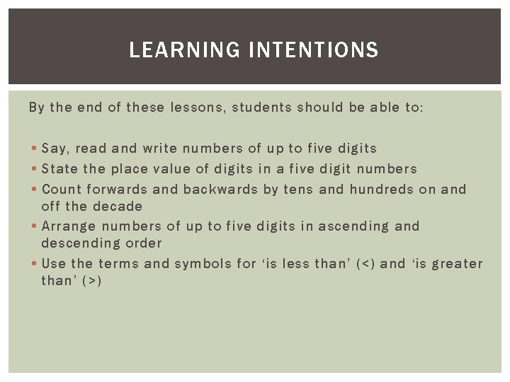 LEARNING INTENTIONS By the end of these lessons, students should be able to: •