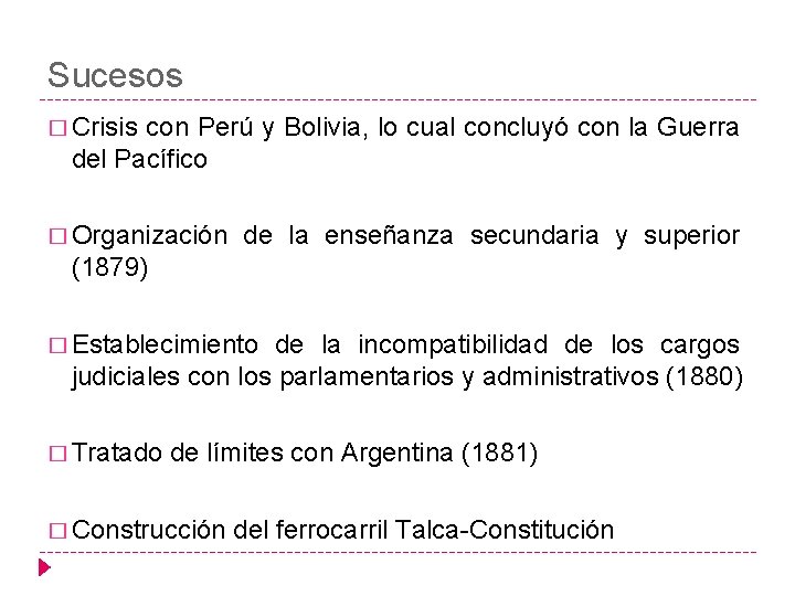 Sucesos � Crisis con Perú y Bolivia, lo cual concluyó con la Guerra del