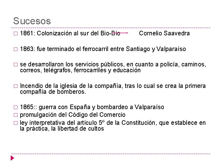 Sucesos � 1861: Colonización al sur del Bio-Bío Cornelio Saavedra � 1863: fue terminado