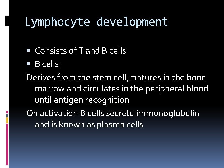 Lymphocyte development Consists of T and B cells: Derives from the stem cell, matures