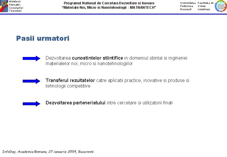 Ministerul Educatiei, Cercetarii si Tineretului Programul National de Cercetare-Dezvoltare si Inovare “Materiale Noi, Micro