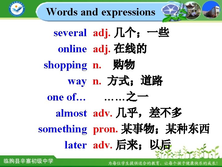 Words and expressions several online shopping way one of… almost something later adj. 几个；一些