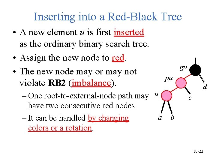 Inserting into a Red-Black Tree • A new element u is first inserted as Inserting into a Red-Black Tree • A new element u is first inserted as