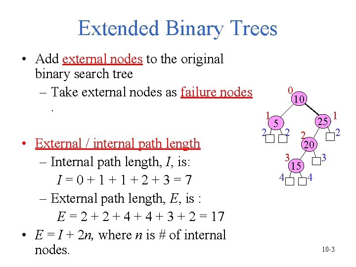 Extended Binary Trees • Add external nodes to the original binary search tree – Extended Binary Trees • Add external nodes to the original binary search tree –