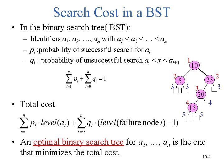 Search Cost in a BST • In the binary search tree( BST): – Identifiers Search Cost in a BST • In the binary search tree( BST): – Identifiers