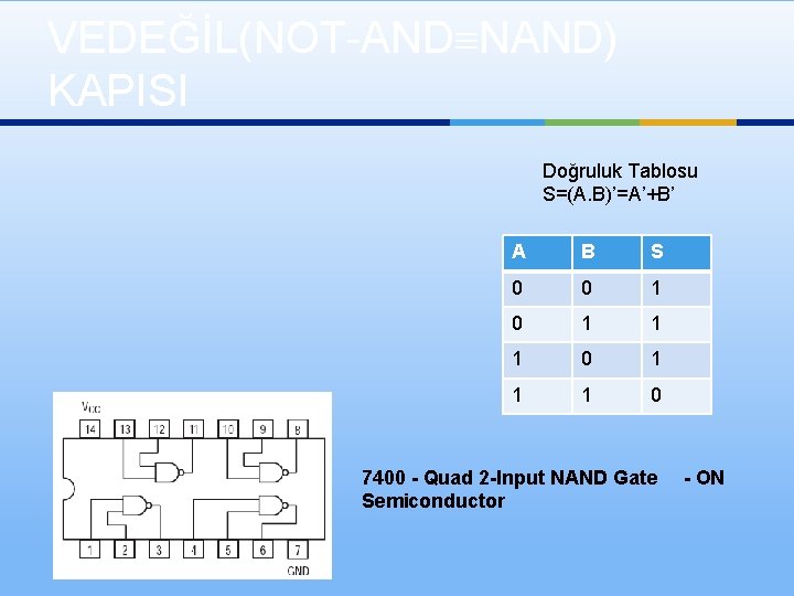 VEDEĞİL(NOT-AND NAND) KAPISI Doğruluk Tablosu S=(A. B)’=A’+B’ A B S 0 0 1 1