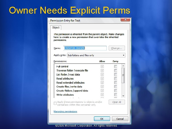 Owner Needs Explicit Perms © 2006 Microsoft Corporation. All rights reserved. 