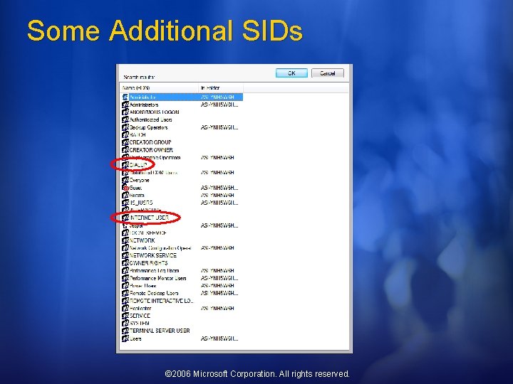Some Additional SIDs © 2006 Microsoft Corporation. All rights reserved. 