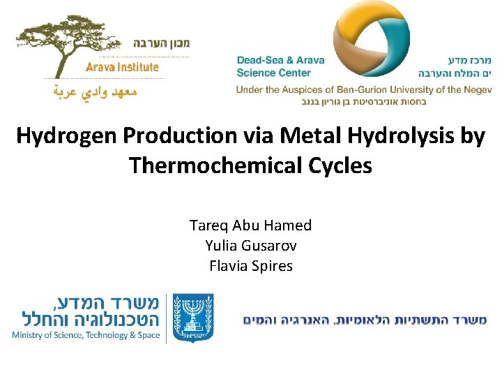 Hydrogen Production via Metal Hydrolysis by Thermochemical Cycles Tareq Abu Hamed Yulia Gusarov Flavia