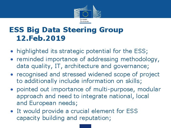 ESS Big Data Steering Group 12. Feb. 2019 • highlighted its strategic potential for