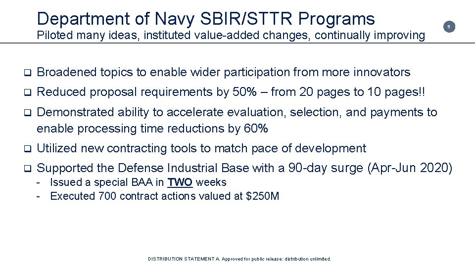 Department of Navy SBIR/STTR Programs Piloted many ideas, instituted value added changes, continually improving