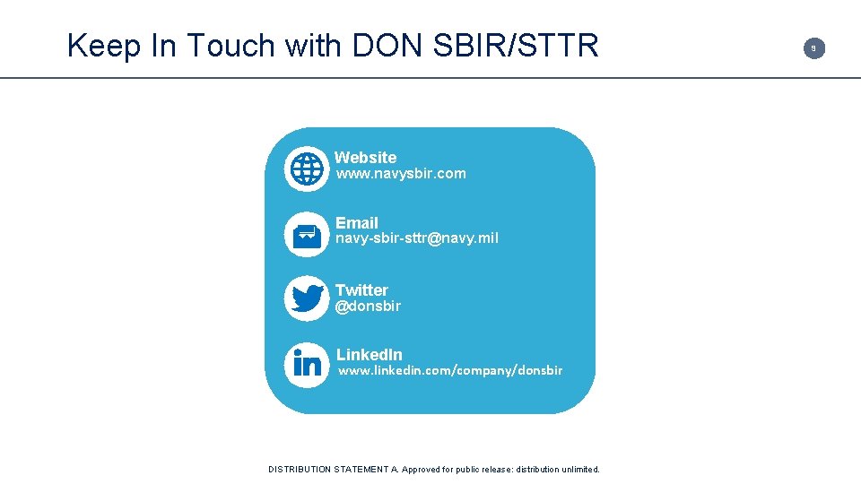 Keep In Touch with DON SBIR/STTR Website www. navysbir. com Email navy-sbir-sttr@navy. mil Twitter
