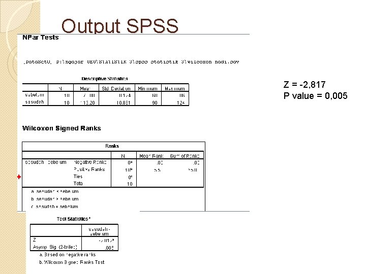 Output SPSS Z = -2, 817 P value = 0, 005 