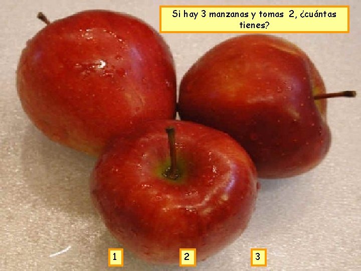 Si hay 3 manzanas y tomas 2, ¿cuántas tienes? 1 2 3 