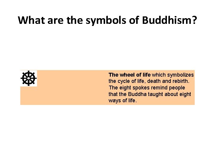 What are the symbols of Buddhism? The wheel of life which symbolizes the cycle