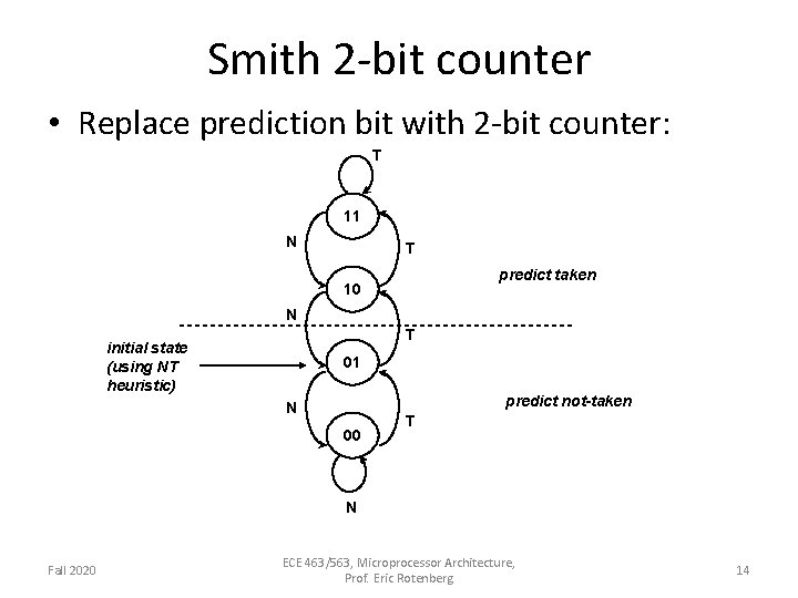 Smith 2 -bit counter • Replace prediction bit with 2 -bit counter: T 11