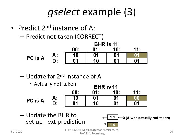 gselect example (3) • Predict 2 nd instance of A: – Predict not-taken (CORRECT)