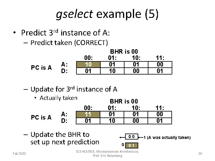 gselect example (5) • Predict 3 rd instance of A: – Predict taken (CORRECT)