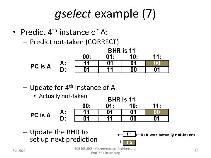 gselect example (7) • Predict 4 th instance of A: – Predict not-taken (CORRECT)