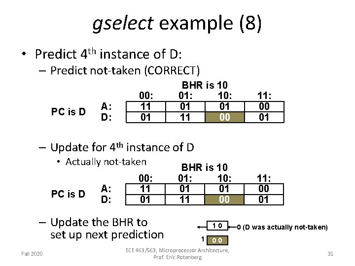 gselect example (8) • Predict 4 th instance of D: – Predict not-taken (CORRECT)