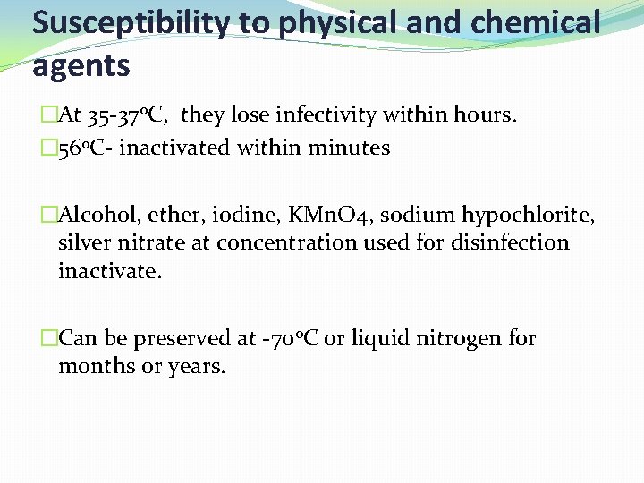 Susceptibility to physical and chemical agents �At 35 -370 C, they lose infectivity within