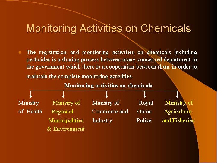 Monitoring Activities on Chemicals l The registration and monitoring activities on chemicals including pesticides