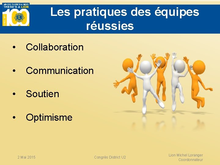  Les pratiques des équipes réussies • Collaboration • Communication • Soutien • Optimisme