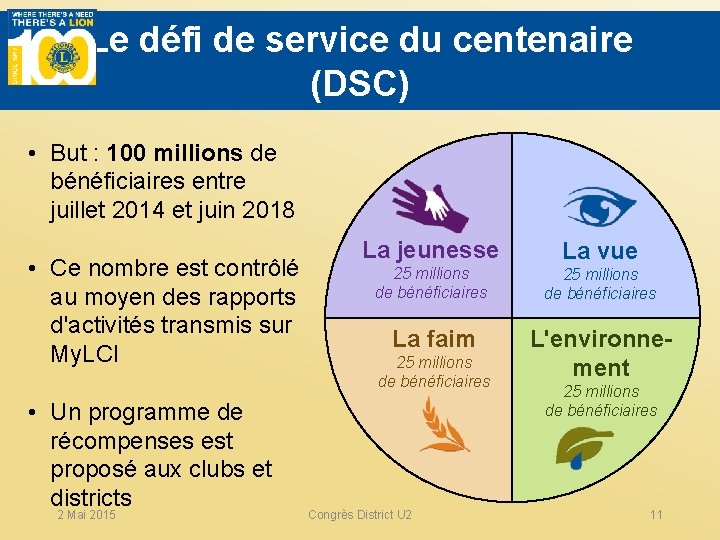 Le défi de service du centenaire (DSC) • But : 100 millions de bénéficiaires
