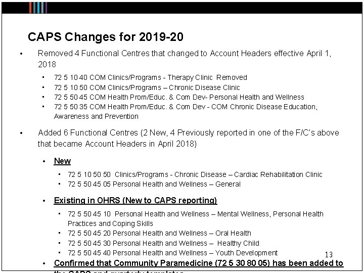 CAPS Changes for 2019 -20 • Removed 4 Functional Centres that changed to Account