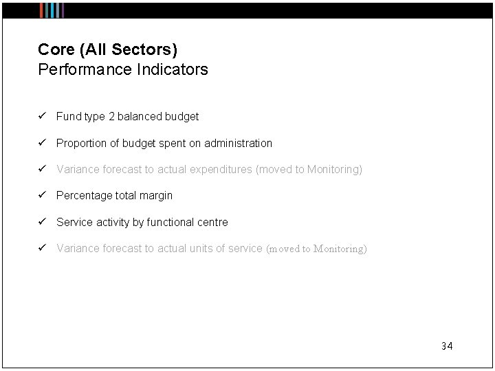 Core (All Sectors) Performance Indicators ü Fund type 2 balanced budget ü Proportion of