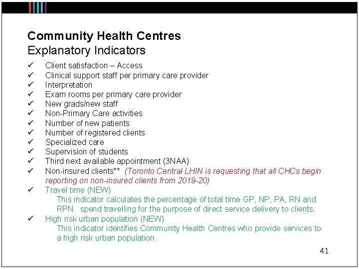 Community Health Centres Explanatory Indicators ü ü ü ü Client satisfaction – Access Clinical