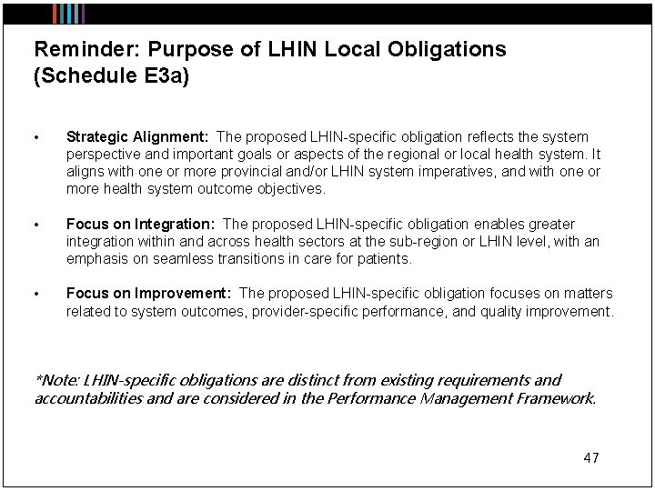 Reminder: Purpose of LHIN Local Obligations (Schedule E 3 a) • Strategic Alignment: The