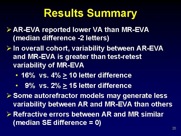 Results Summary Ø AR-EVA reported lower VA than MR-EVA (median difference -2 letters) Ø