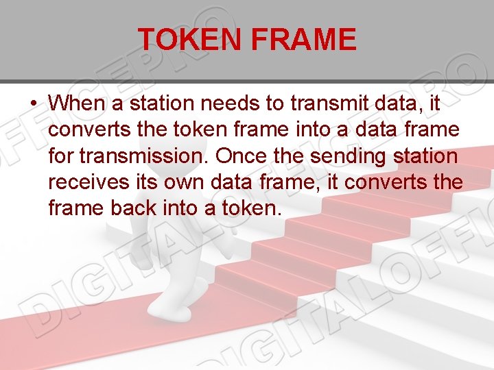 TOKEN FRAME • When a station needs to transmit data, it converts the token