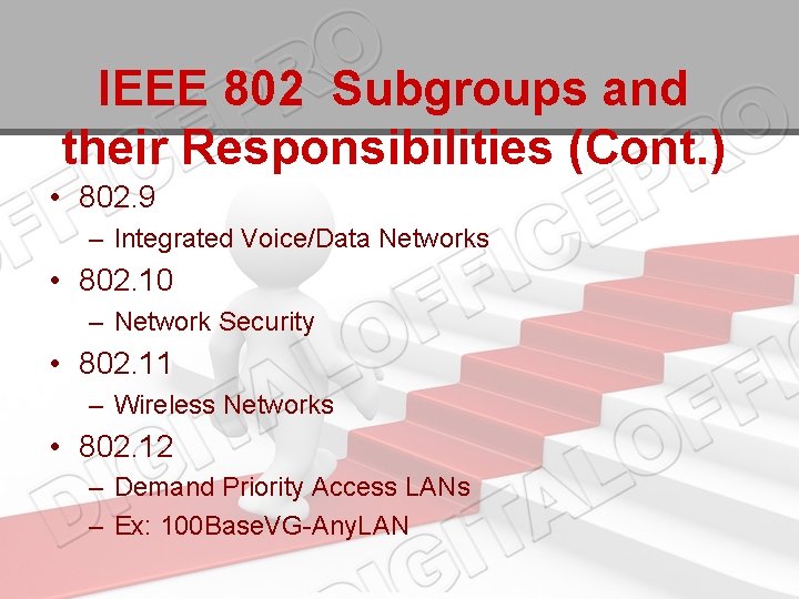 IEEE 802 Subgroups and their Responsibilities (Cont. ) • 802. 9 – Integrated Voice/Data IEEE 802 Subgroups and their Responsibilities (Cont. ) • 802. 9 – Integrated Voice/Data