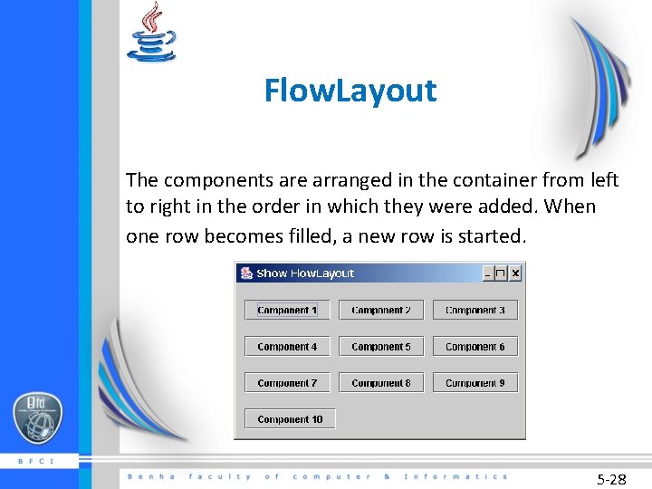 Flow. Layout The components are arranged in the container from left to right in