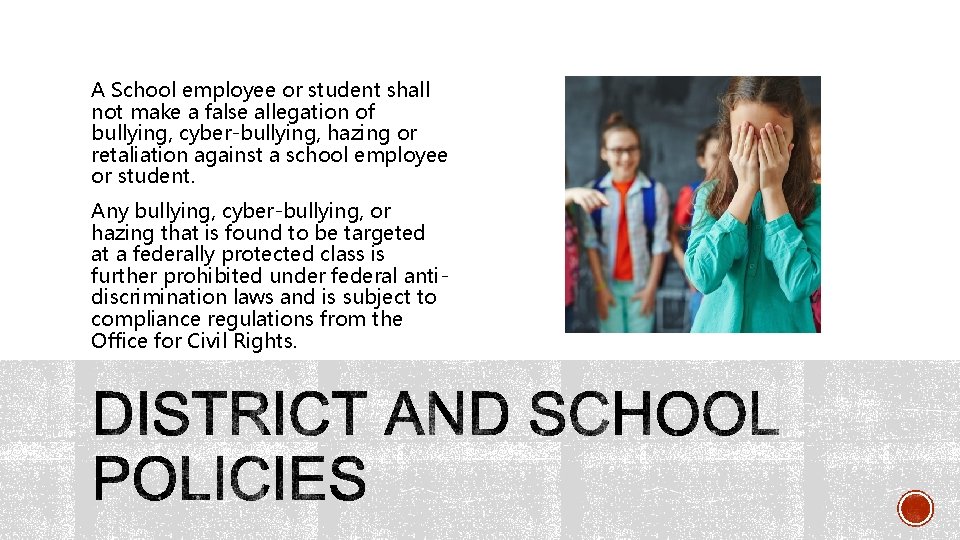 A School employee or student shall not make a false allegation of bullying, cyber-bullying,