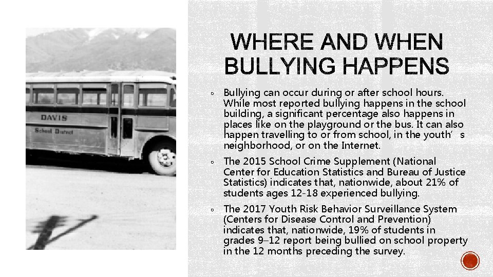 ￮ ￮ ￮ Bullying can occur during or after school hours. While most reported