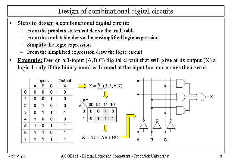 Design of combinational digital circuits • Steps to design a combinational digital circuit: –