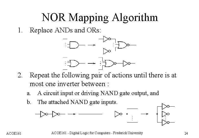 NOR Mapping Algorithm 1. Replace ANDs and ORs: 2. Repeat the following pair of