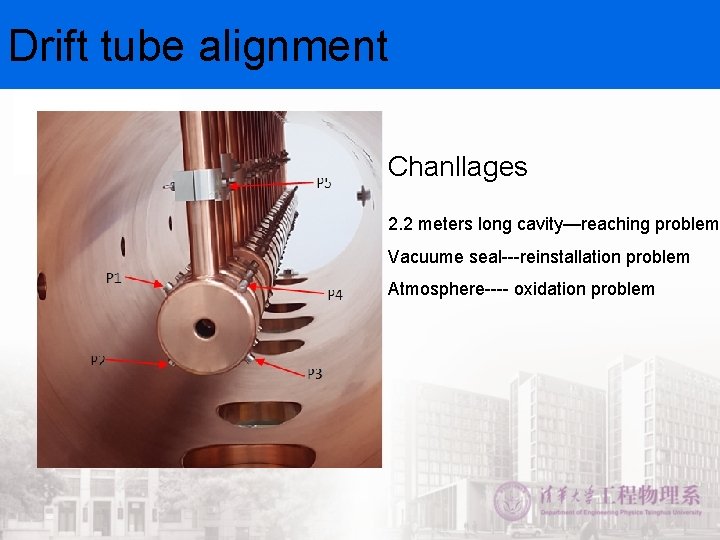 Drift tube alignment Chanllages 2. 2 meters long cavity—reaching problem Vacuume seal---reinstallation problem Atmosphere----