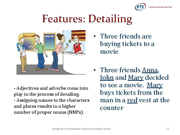 Features: Detailing • Three friends are buying tickets to a movie - Adjectives and