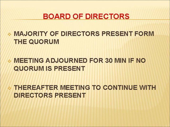 BOARD OF DIRECTORS v MAJORITY OF DIRECTORS PRESENT FORM THE QUORUM v MEETING ADJOURNED