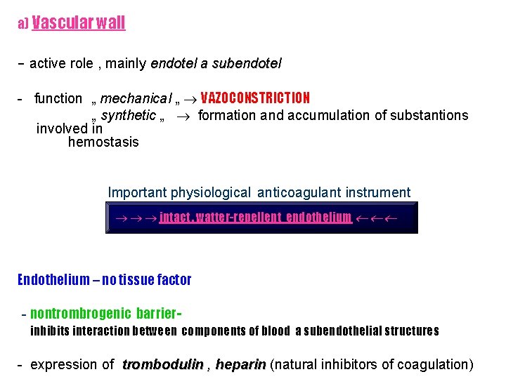 a) Vascular wall - active role , mainly endotel a subendotel - function „