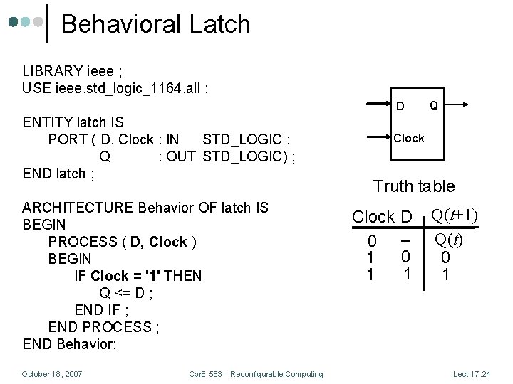 Behavioral Latch LIBRARY ieee ; USE ieee. std_logic_1164. all ; D ENTITY latch IS