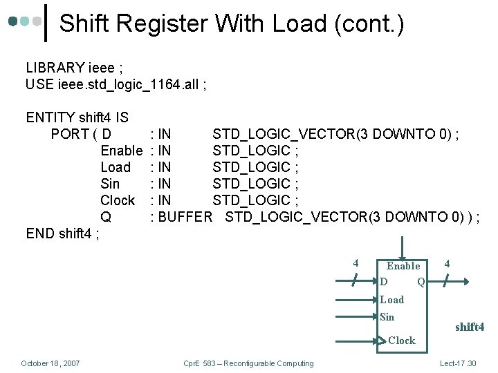 Shift Register With Load (cont. ) LIBRARY ieee ; USE ieee. std_logic_1164. all ;