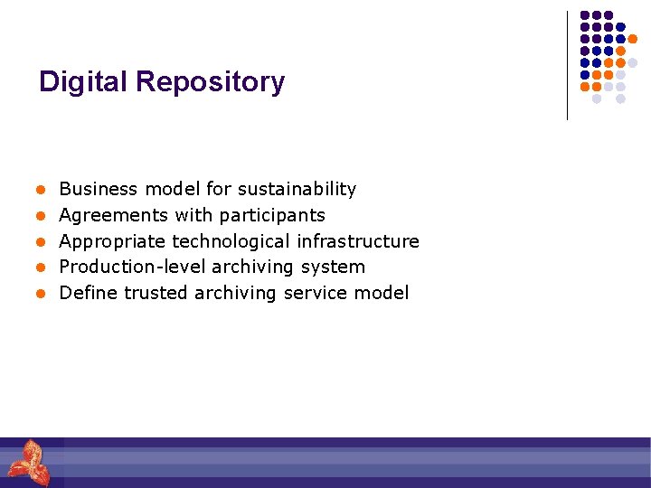 Digital Repository l Business model for sustainability l Agreements with participants l Appropriate technological