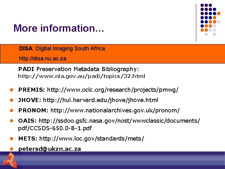 More information… DISA: Digital Imaging South Africa http: //disa. nu. ac. za PADI Preservation
